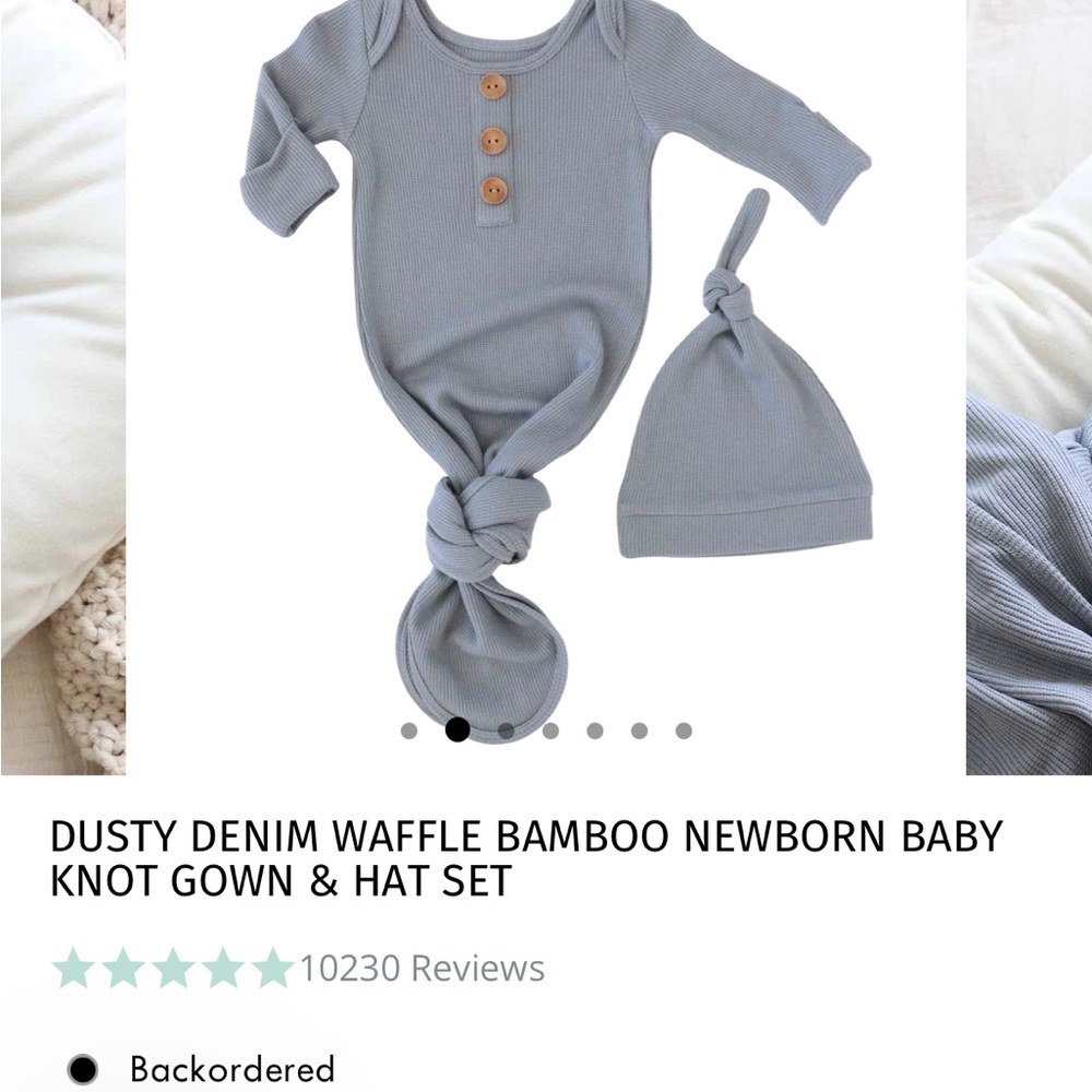 DUSTY DENIM WAFFLE BAMBOO NEWBORN BABY KNOT GOWN & HAT SET